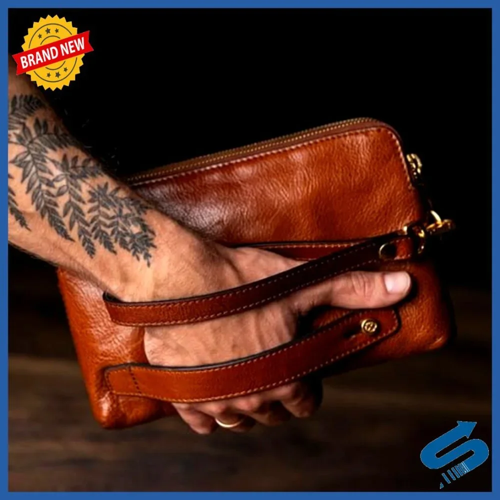 Handmade Italian Leather Clutch with Wrist Strap, Organizer Pockets